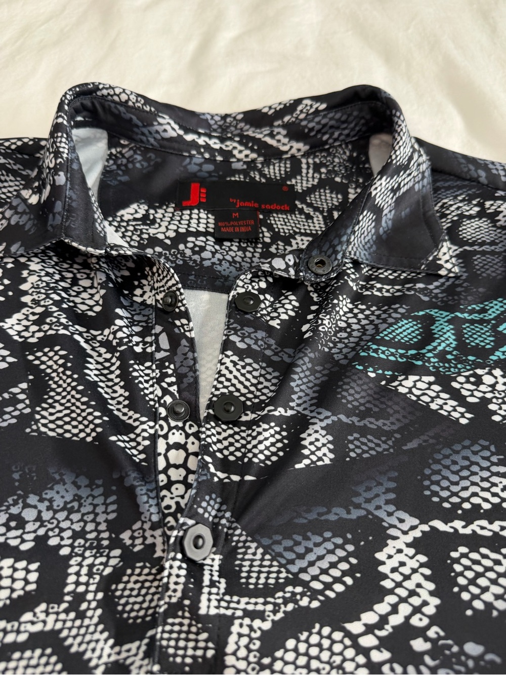 Jamie Sadock Men’s Golf Polo Black & White Snake Print Button Size Medium